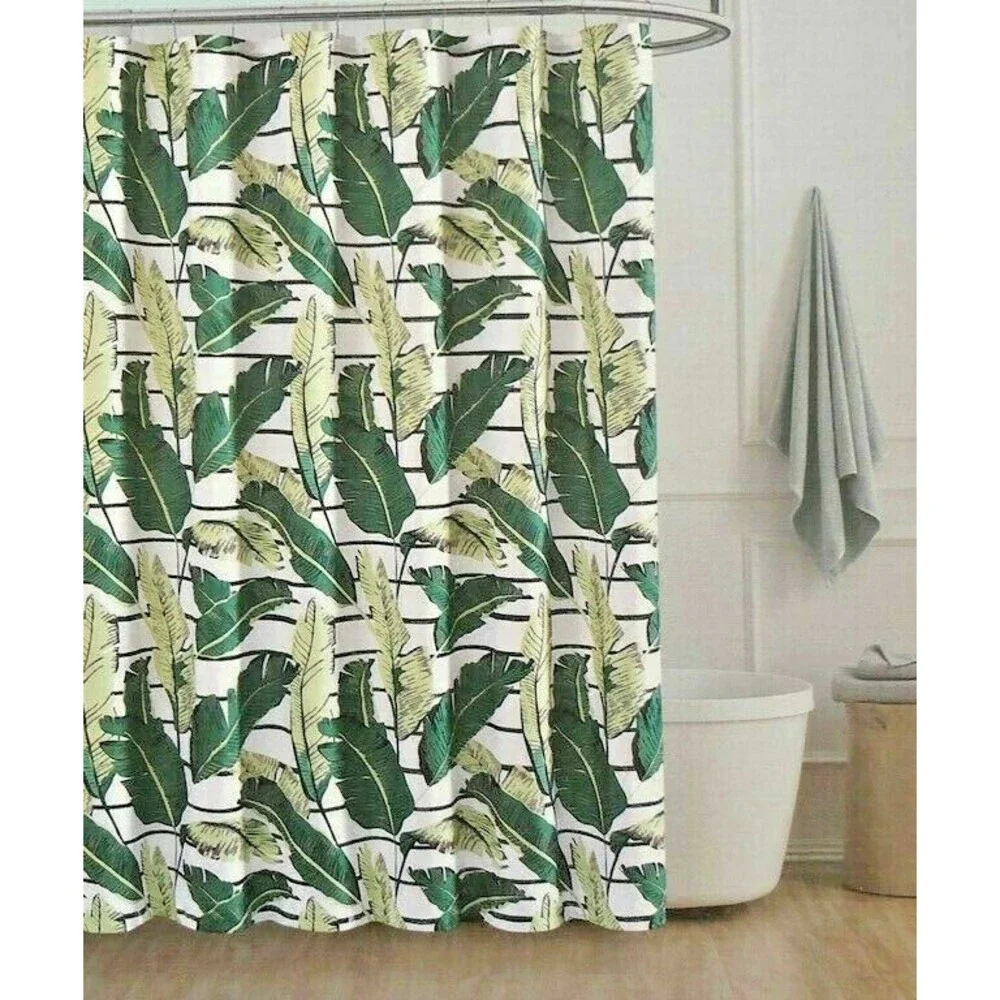 Palm Leaves Fabric Shower Curtain Beach House Green White Tropical 70x72